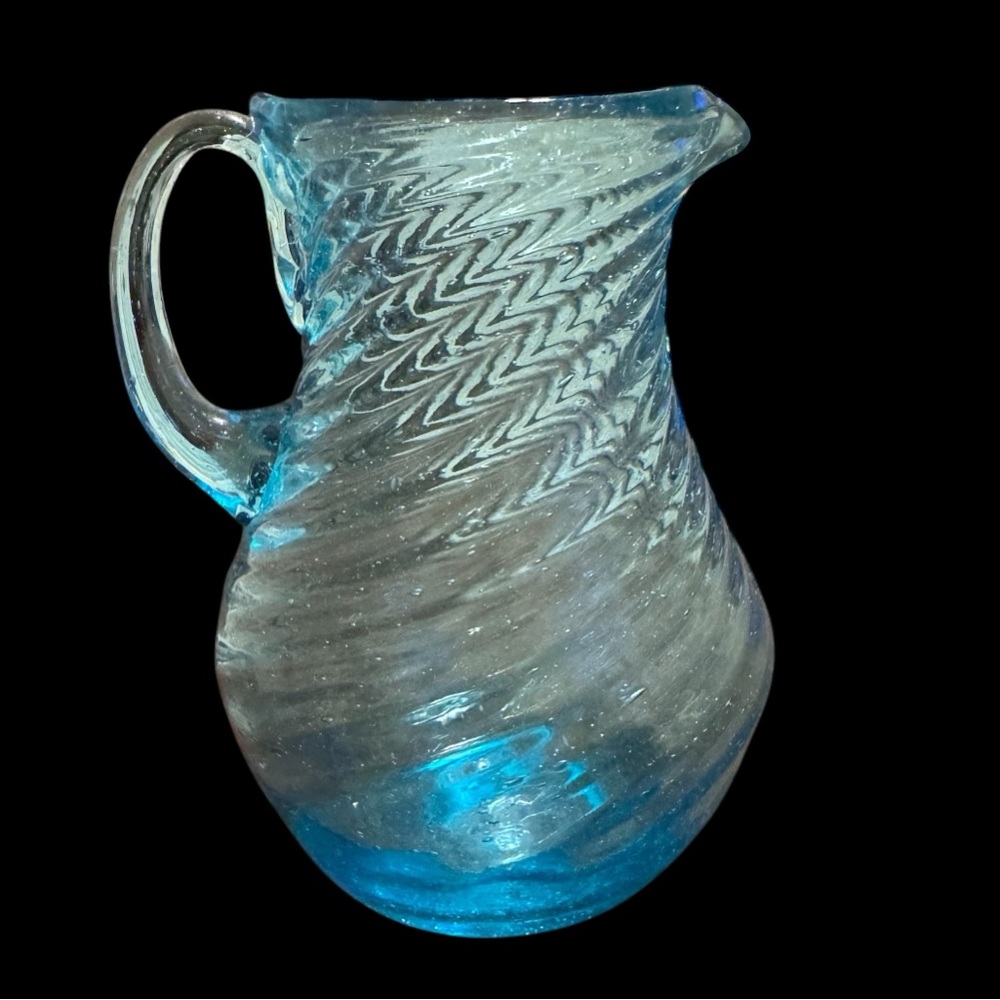 Vintage Hand Blown Blue Swirl Design Glass Mini Pitcher/Creamer